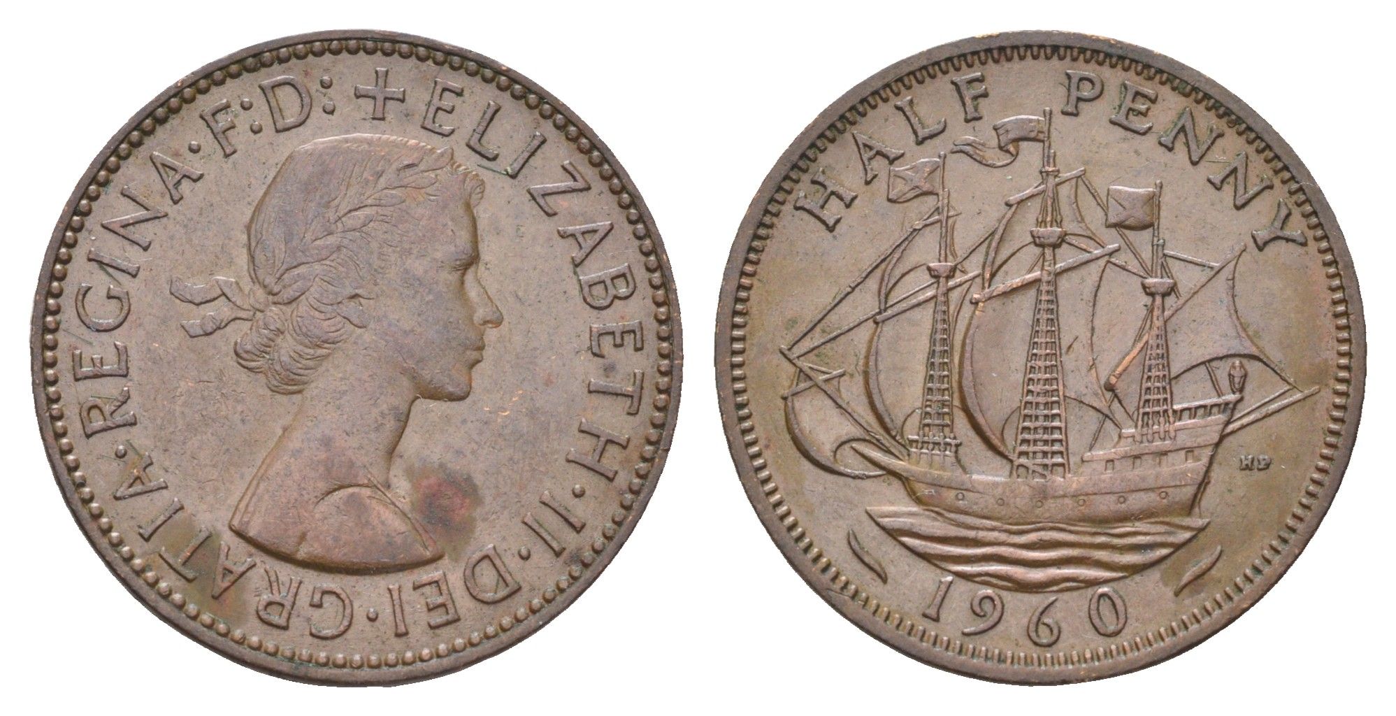 Великобритания 1/2 пенни 1960 Елизавета II (1952-2022) KM 896, Spink 4158 бронза    4660-642