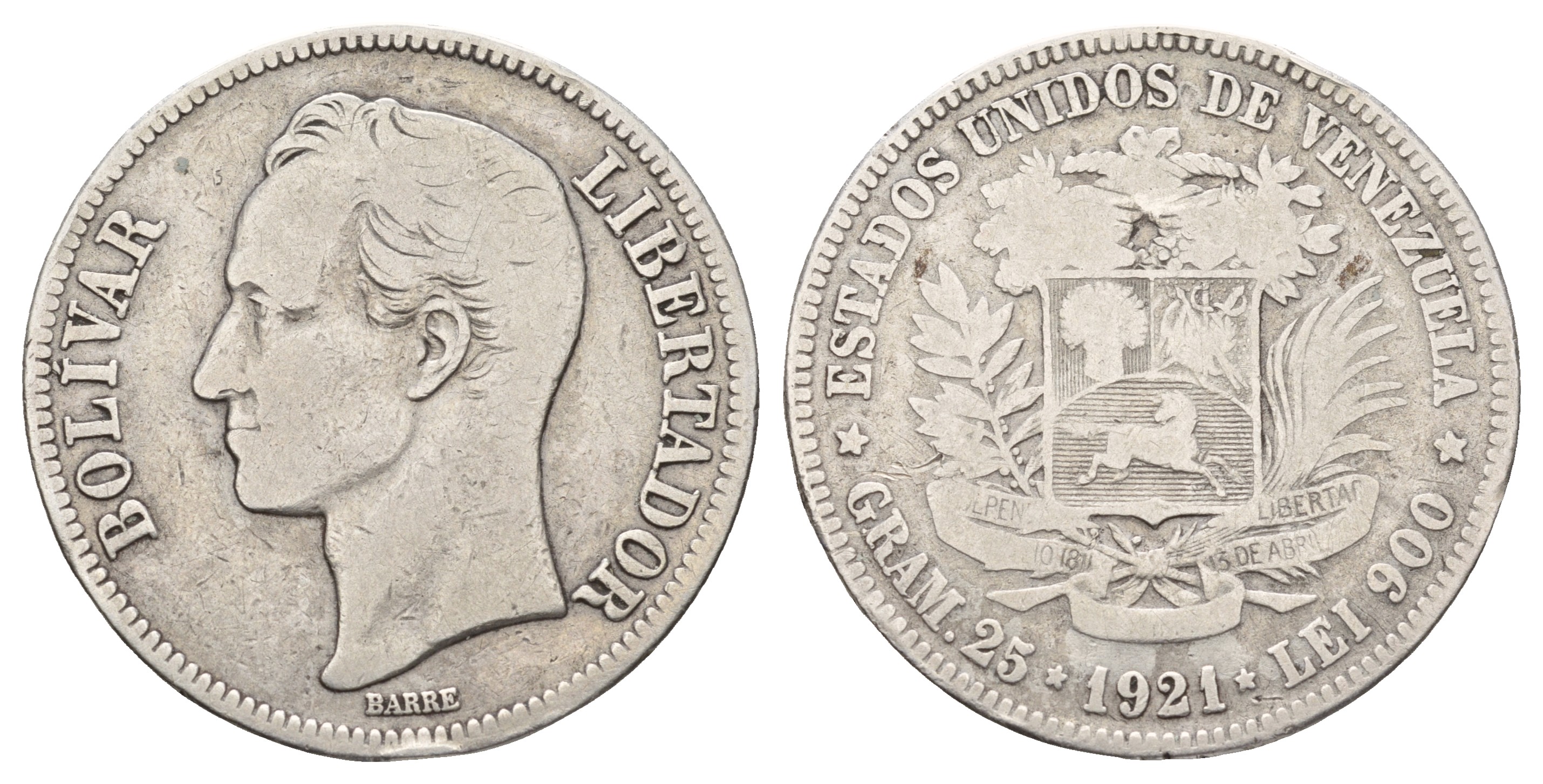Венесуэла 5 боливаров 1921 Y 24.2 серебро 4044-1522