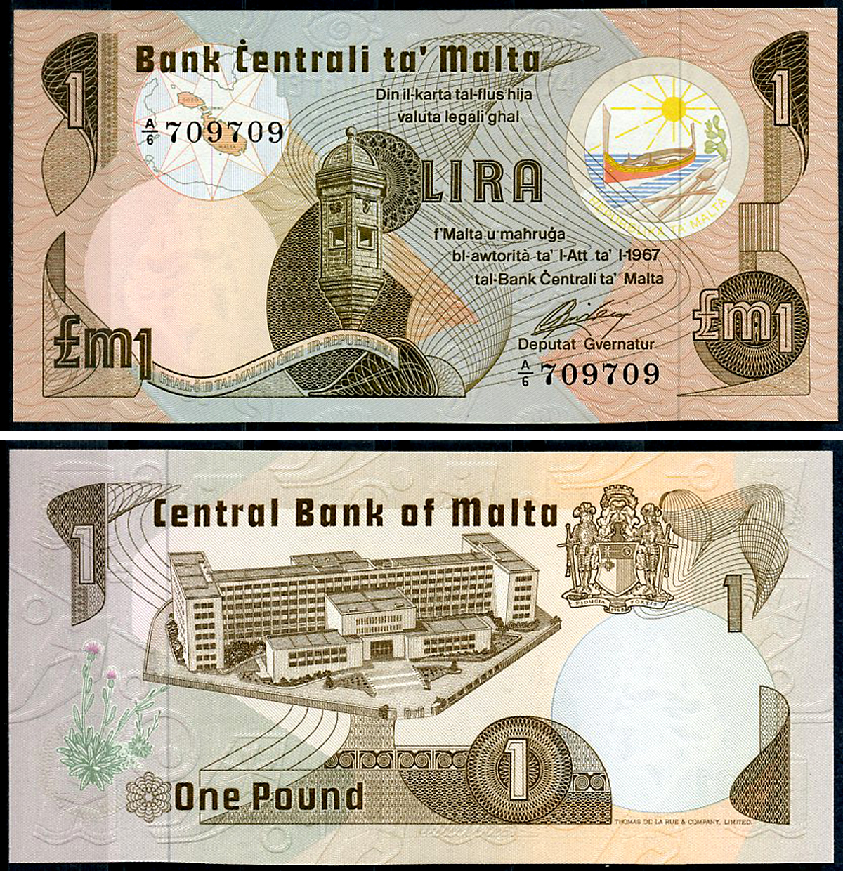 Мальта 1 лира L. 1967 (1979) Рыцарская смотровая башня Гардиола, университет, без точки для слабовидящих Pick 34 a  бумага  UNC (пресс) 6294-86-1-2