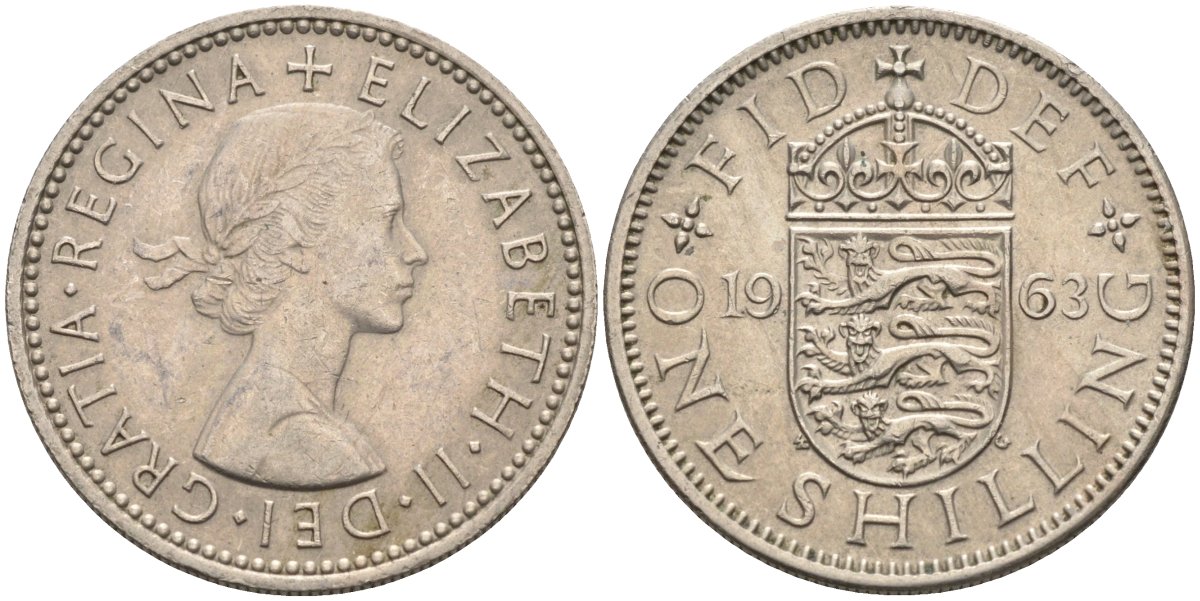 Великобритания 1 шиллинг 1963 Елизавета II (1952-2022), Английский герб KM 904, Spink 4147 медно-никель 4586-944