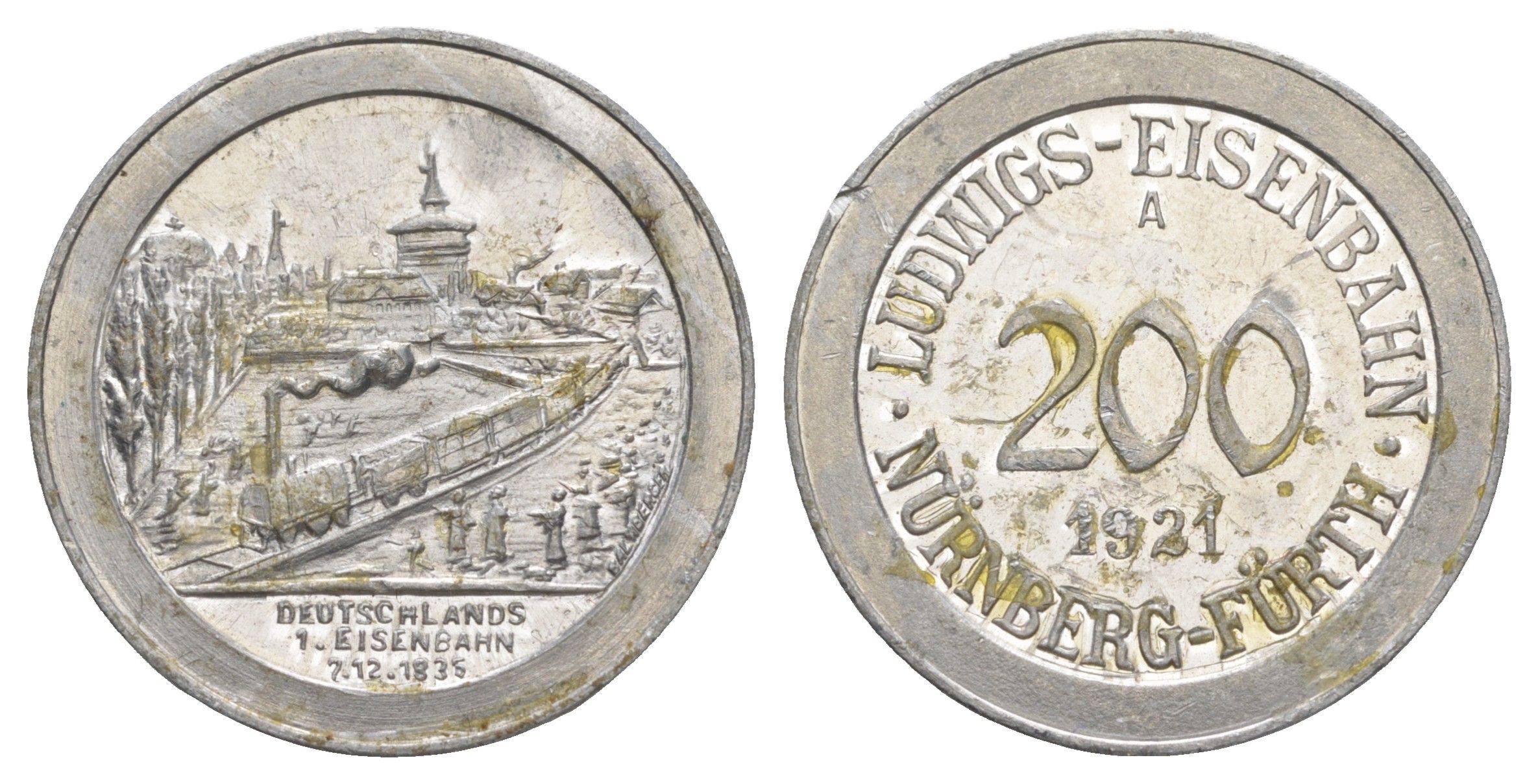 Нюрнберг - Фюрт 200 пфеннигов 1921 юбилейный жетон железной дороги - поезд Men05 19217.3, Men18 24057.3 алюминий aUNC 1518-112