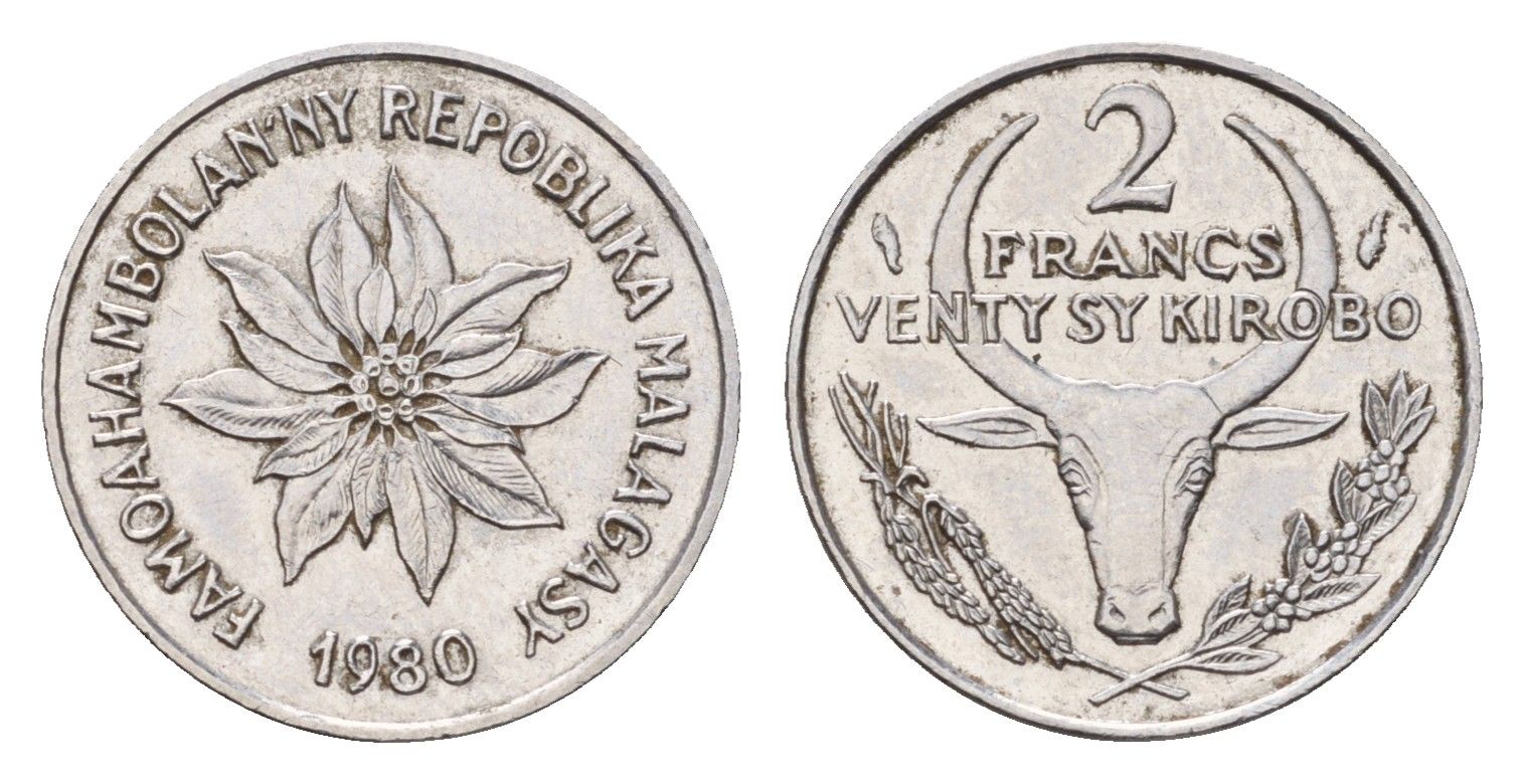 Мадагаскар 2 франка 1980 KM 9 нержавеющая сталь 4588-1026