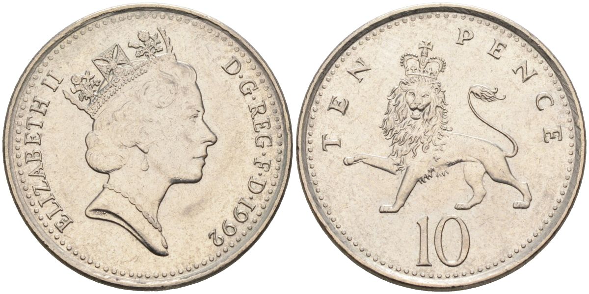 Великобритания 10 пенсов 1992 Елизавета II (1952-2022), диаметр 24,5 мм. KM 938b, Spink 4367 (F4) медно-никель 4116-815
