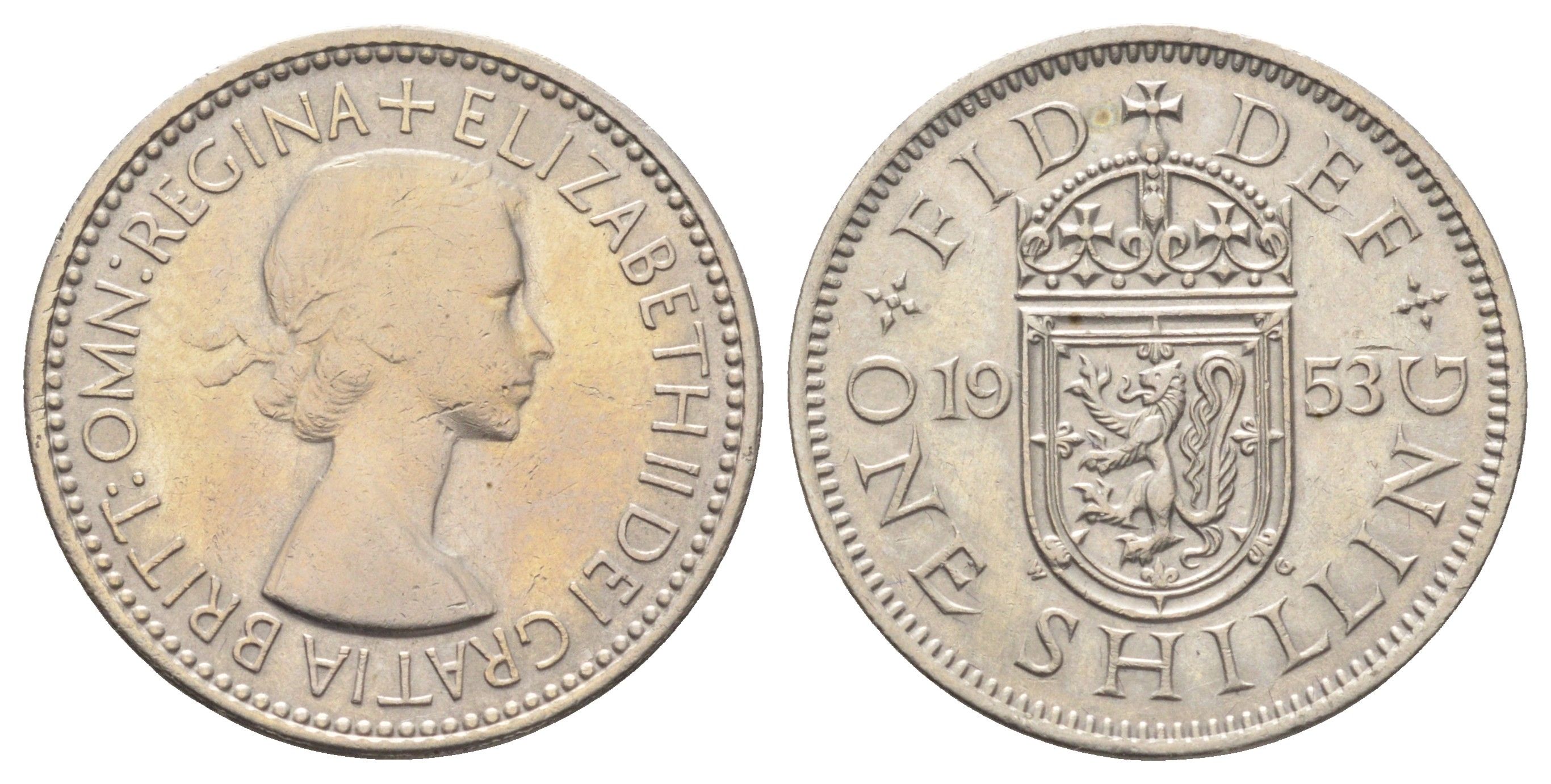Великобритания 1 шиллинг 1953 год-тип, Елизавета II (1952-2022), Шотландский герб KM 891, Spink 4140 медно-никель 4698-1037