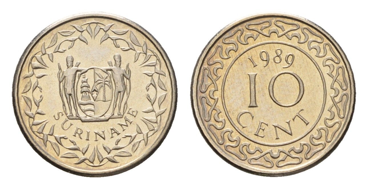 Суринам 10 центов 1989 KM 13a медно-никель UNC 4685-715