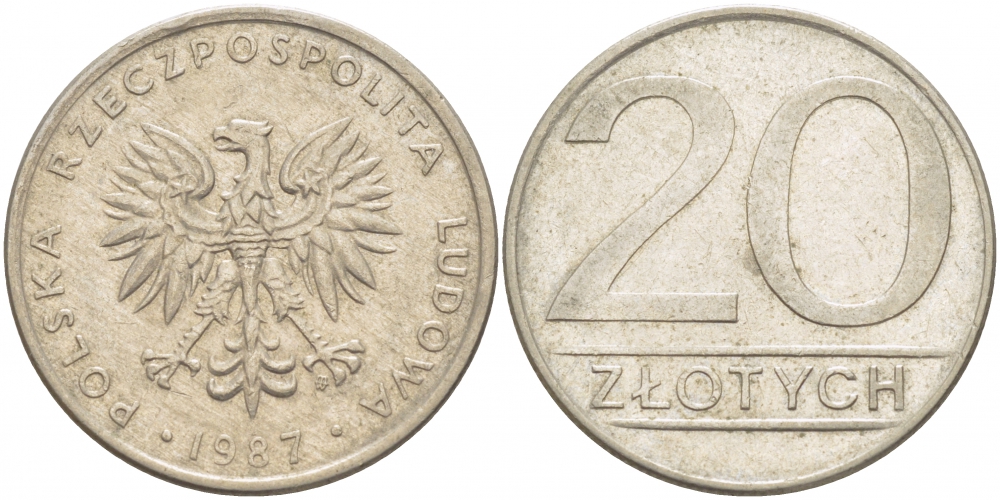 ПОЛЬША 20 ЗЛОТЫХ 1987 MW KM 153.1 медно-никель 213-844