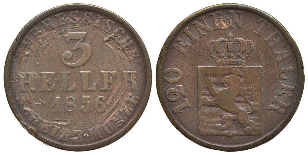 Гессен-Кассель 3 геллера 1856 KM 612 медь 186-552