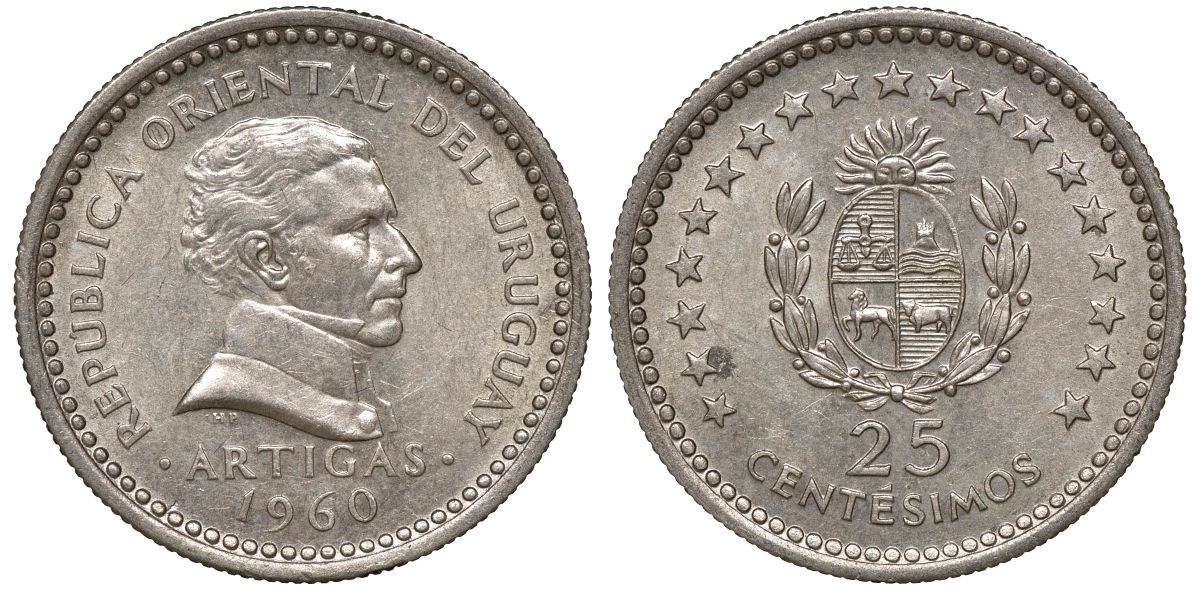 Уругвай 25 сентесимо 1960 KM 40 медно-никель 4169-958
