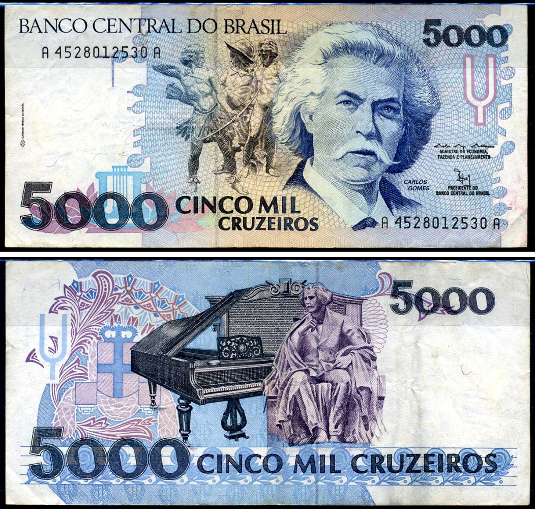 Бразилия 5000 крузейро ND (1990-1993) Карлось Гомес, музыкант, рояль Pick 232 b бумага 6317-11-2-2