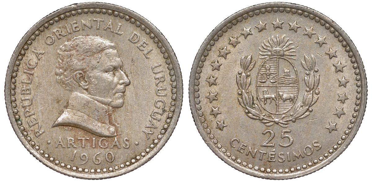Уругвай 25 сентесимо 1960 KM 40 медно-никель 4580-833