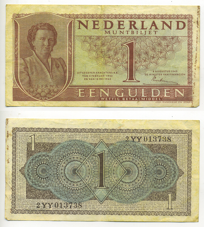 НИДЕРЛАНДЫ 1 ГУЛЬДЕН 1949 8 АВГУСТА 1949, КОРОЛЕВА ЮЛИАНА Pick 72 бумага 6293-2-3-1