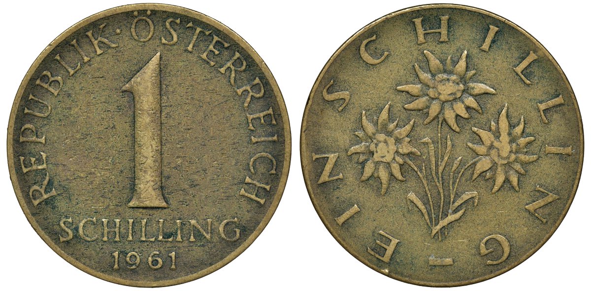 Австрия 1 шиллинг 1961 KM 2886 алюминиевая бронза 72-1256