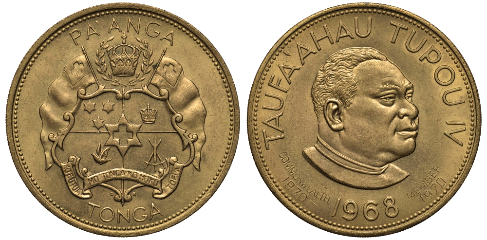 Тонга 1 паанга 1970 год 1968, ограниченный выпуск, позолота, вступление Тонги в Британское содружество, надчеканка на KM 33, король Тауфа’ахау Тупоу IV  медно-никель 00-00