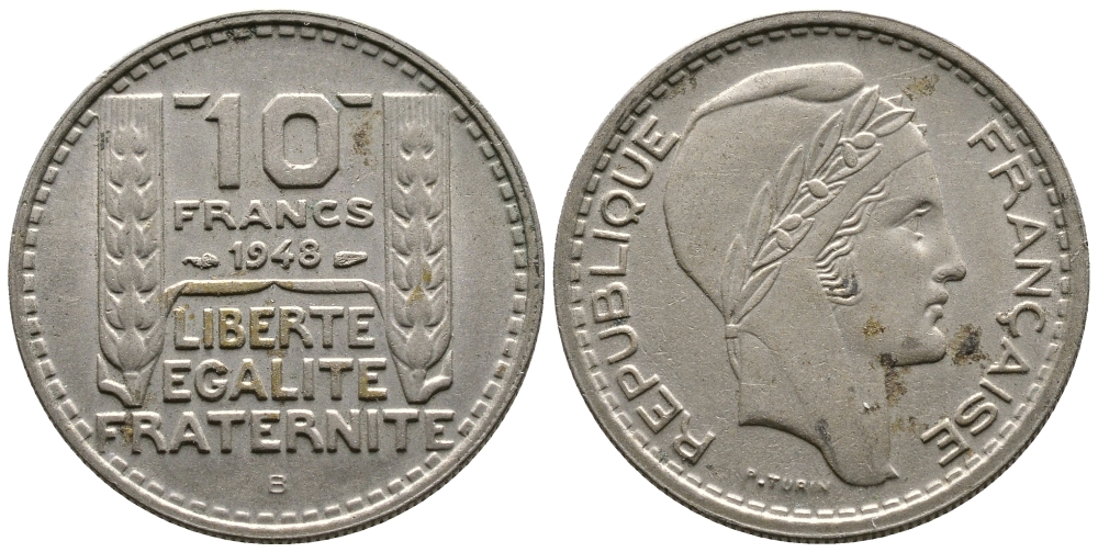 Франция 10 франков 1948 В, тип Пьер Турин KM 909.2, Le Franc 362.4 медно-никель 51-552