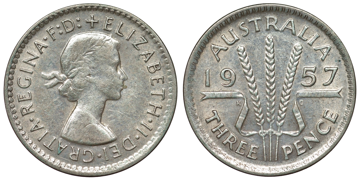 Австралия 3 пенса 1957 m, Елизавета II (1952-2022) KM 57 серебро 71-516