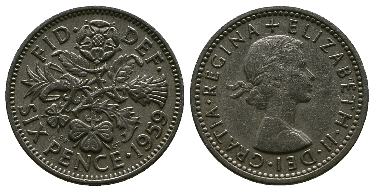 Великобритания 6 пенсов 1959 Елизавета II (1952-2022) KM 903, Spink 4149 медно-никель 4381-714
