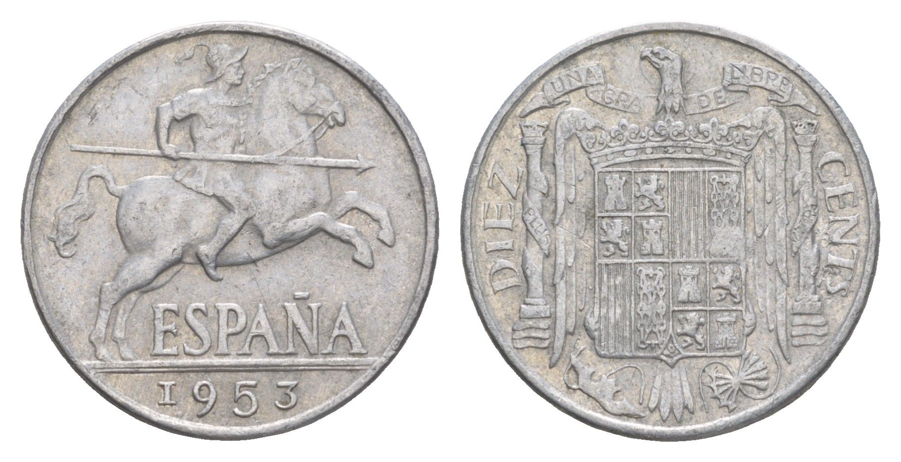 Испания 10 сентимо 1953 рыцарь (всадник) на коне, Франсиско Франко (1939-1975) KM 766 алюминий 4538-425