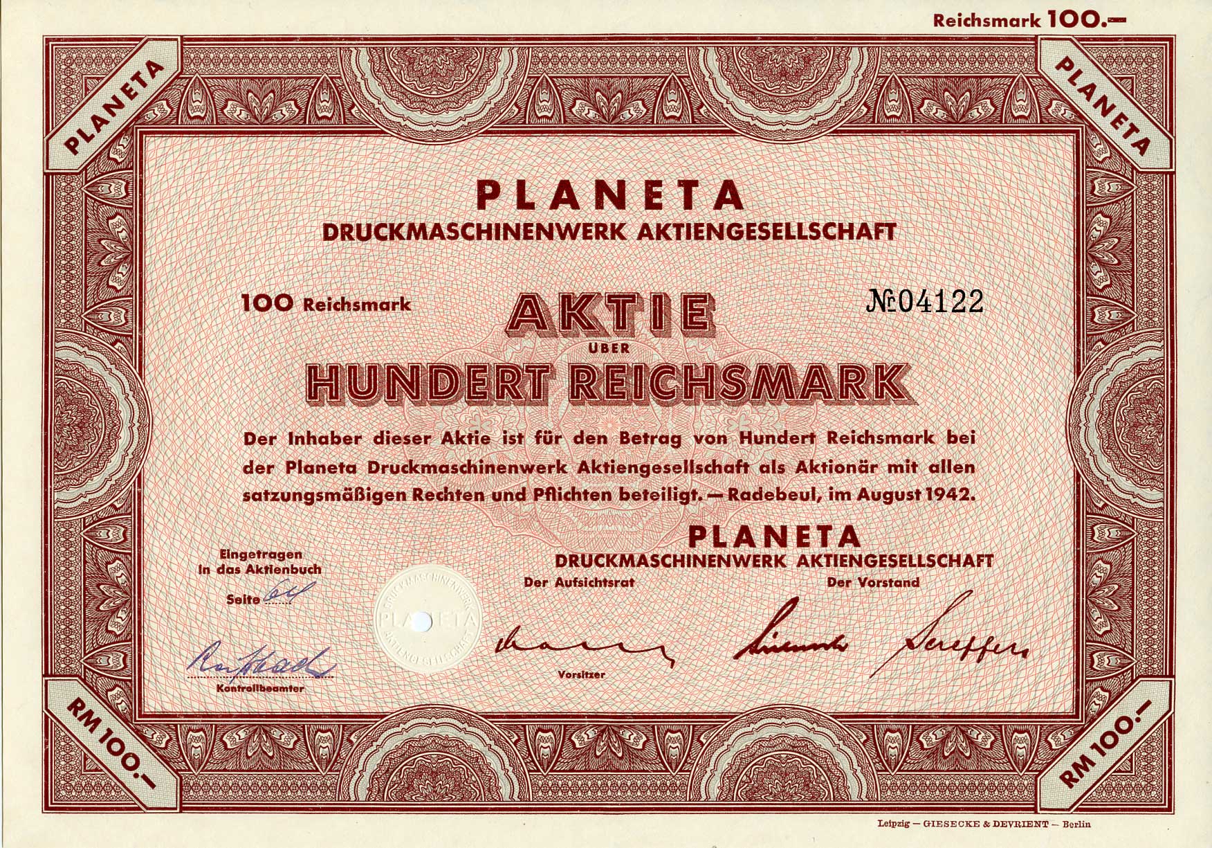 Германия 100 рейхсмарок 1942 АО Книгопечатные машины и оборудование Planeta, акция   бумага   8803-22-1