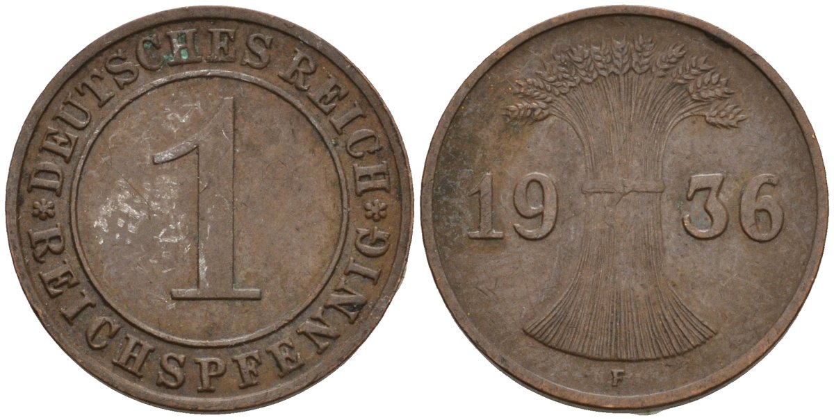 Германия 1 рейхспфенниг 1936 F KM 37, J. 313 бронза 4124-869