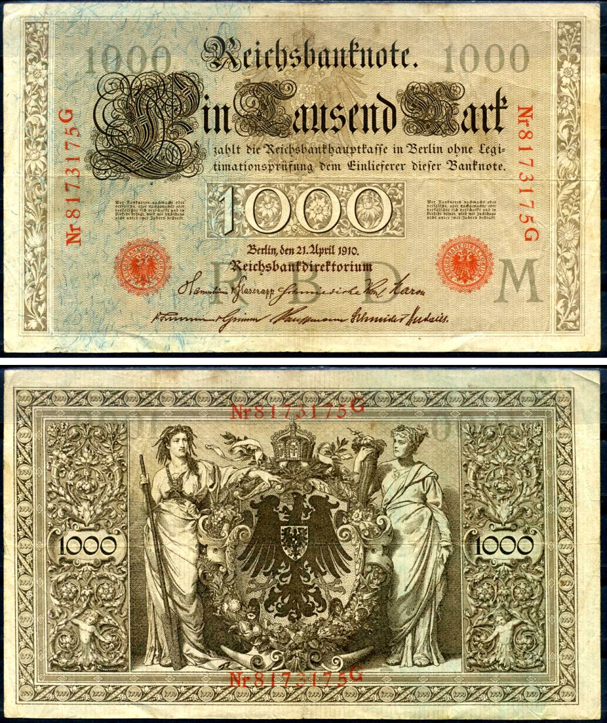 Германия 1000 марок 1910 21 апреля 1910, красная печать, номер семизначный, серия G, буква M, выпуск АПРЕЛЬ - ИЮЛЬ 1918 Pick 44 b бумага 2194-31-2-1