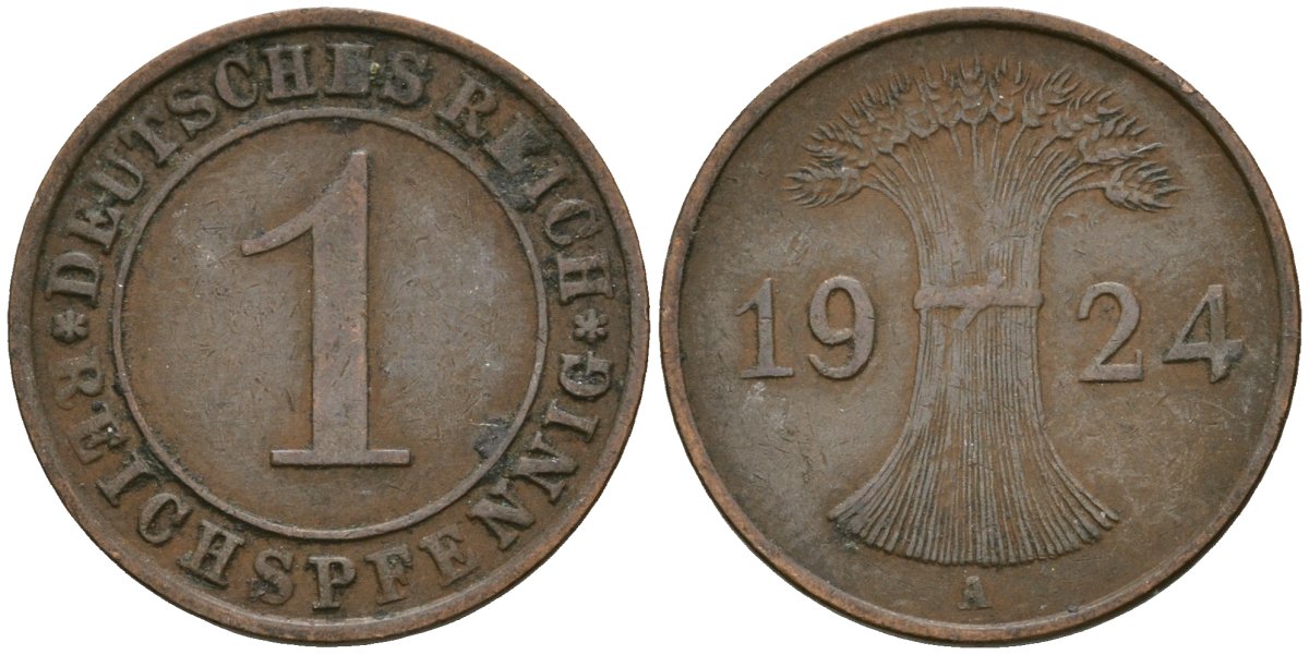 Германия 1 рейхспфенниг 1924 A KM 37, J. 313 бронза 4189-1061