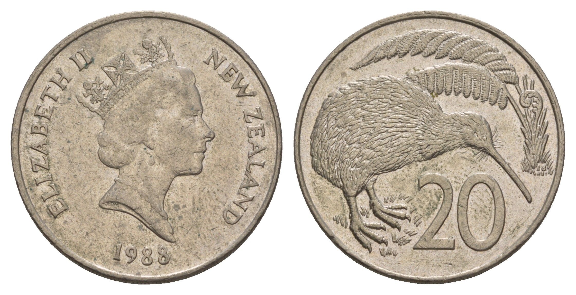 Новая Зеландия 20 центов 1988 Елизавета II (1952-2022), птичка киви KM 62 медно-никель 4653-512