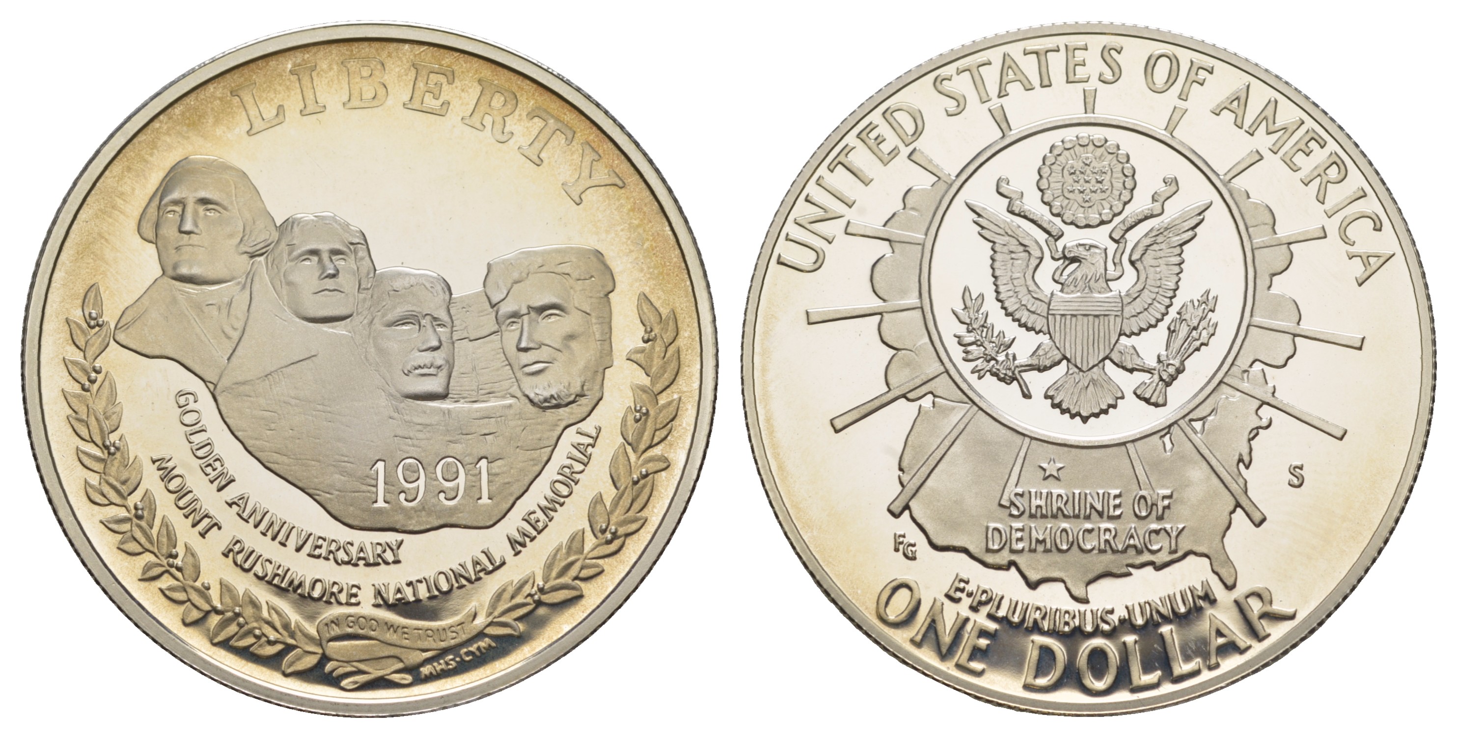 США 1 доллар 1991 S, 50 лет мемориалу президентов, гора Рашмор KM 229 серебро  PROOF  1091-10-42