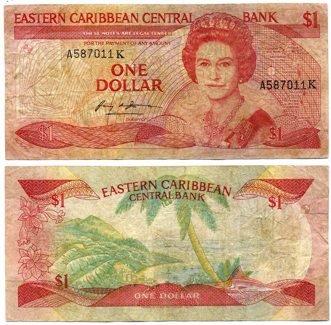 Восточно-Карибские штаты 1 доллар 1988-1989 TDLR, буква K Pick 21k бумага VF 2197-32-1-2