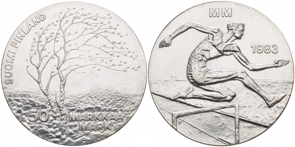 Финляндия 50 марок 1983 K-T, чемпионат мира по атлетике, бег с препятствиями KM 61 серебро 1520-1231