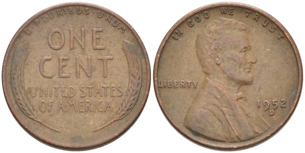 США 1 ЦЕНТ 1952 D, ЛИНКОЛЬН KM А132 медь цинк 3309-817