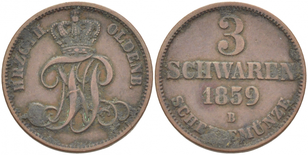 Ольденбург 3 шварена 1859 B KM 191 медь 77-137