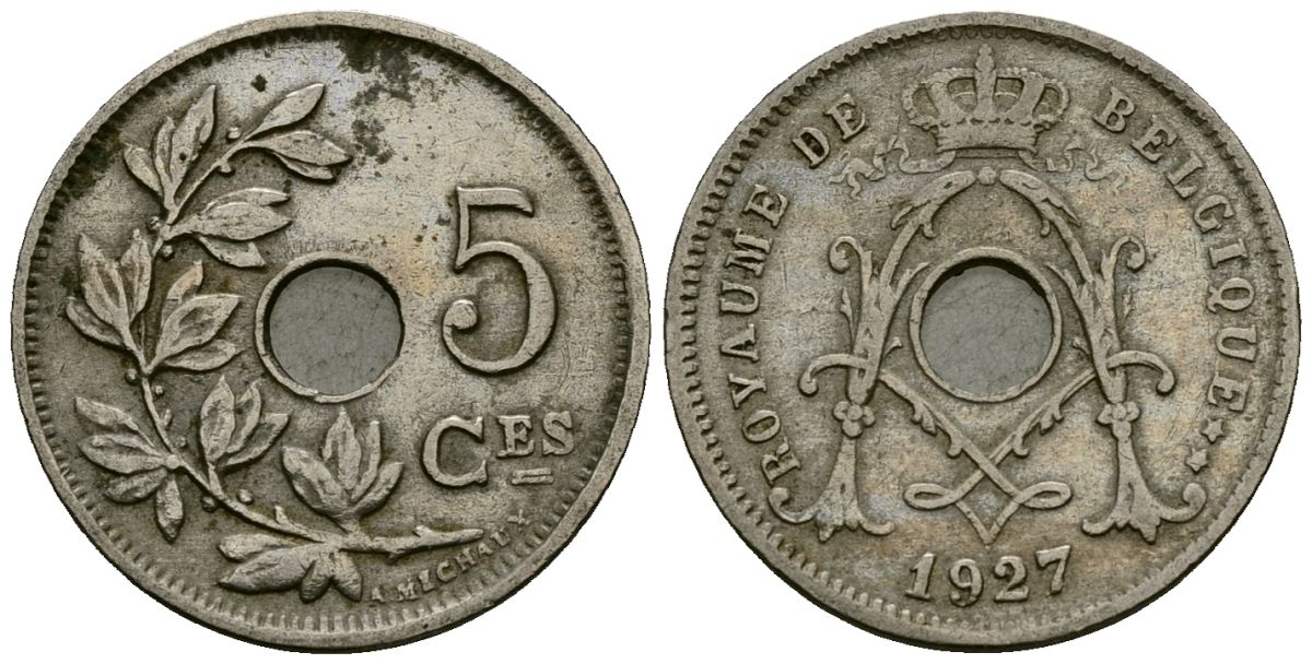 Бельгия 5 сантимов 1927 Belgique KM 66 медно-никель 4173-555