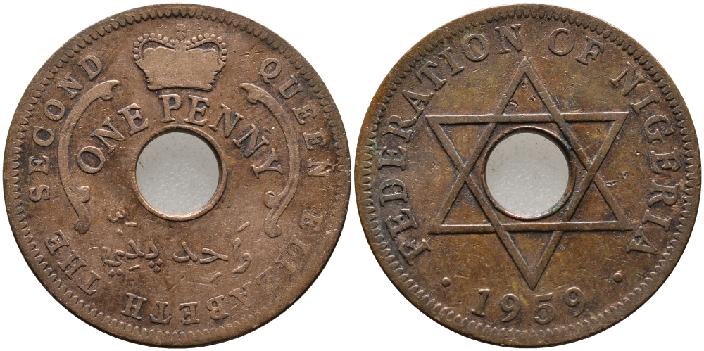 Нигерия 1 пенни 1959 Елизавета II (1952-), Британский протекторат KM 2 бронза 51-222
