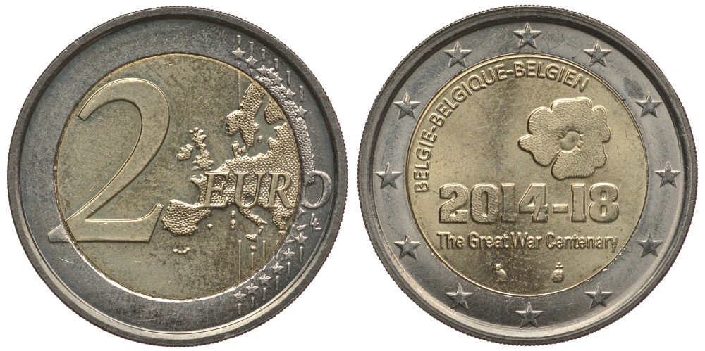 БЕЛЬГИЯ 2 ЕВРО 2014 100 ЛЕТ НАЧАЛУ ПЕРВОЙ МИРОВОЙ ВОЙНЫ (1914-1918) KM 345 биметалл 176-134