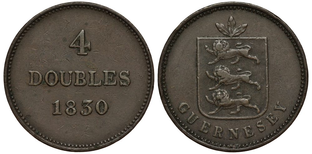 Гернси 4 дабла (дубля) 1830 KM 2 медь 650-432