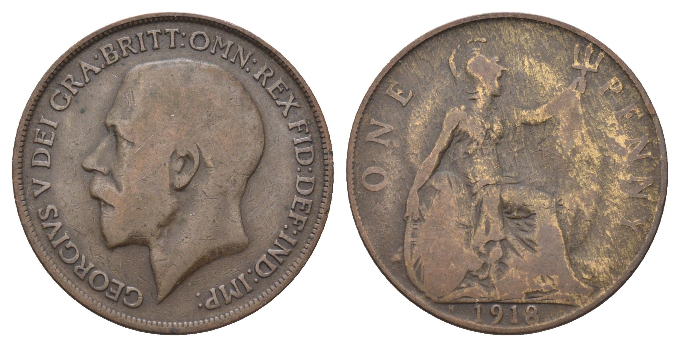 Великобритания 1 пенни 1918 H, Георг V (1910-1936) KM 810, Spink 4052 бронза 4661-544