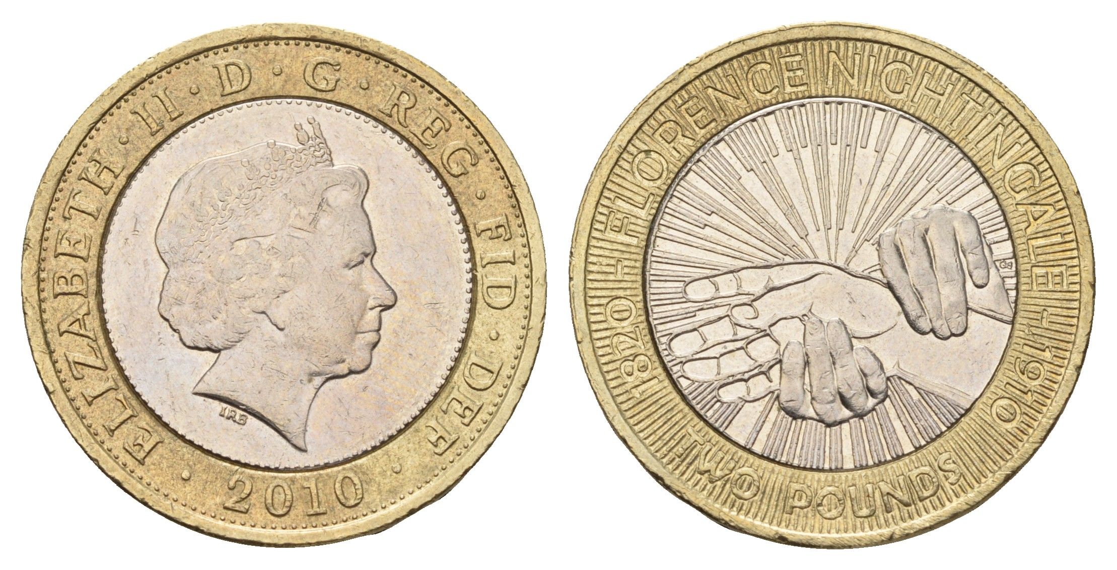 Великобритания 2 фунта 2010 Елизавета II (1952-2022), 100 лет со дня смерти Флоренс Найтингейл KM 1160, Spink K26 биметалл aUNC 76-612