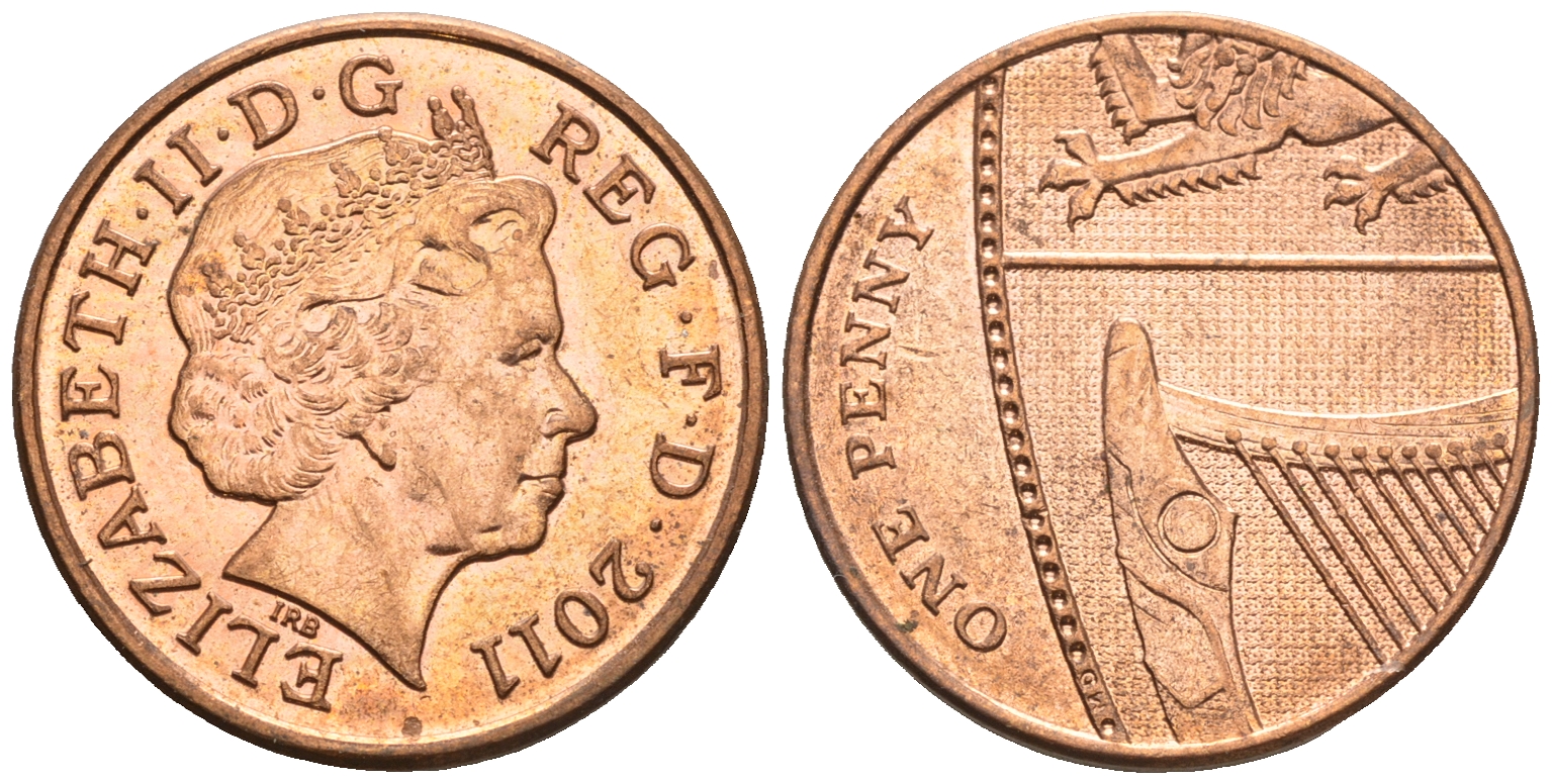 Великобритания 1 пенни 2011 Елизавета II (1952-2022) KM 1107, Spink B6 сталь плакированная медью 4609-732
