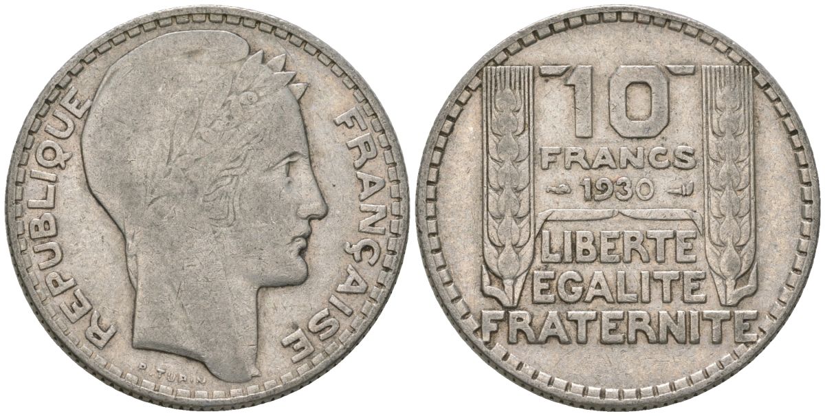 Франция 10 франков 1930 Пьер Тюрен KM 878, Le Franc 360.3 серебро 4390-146