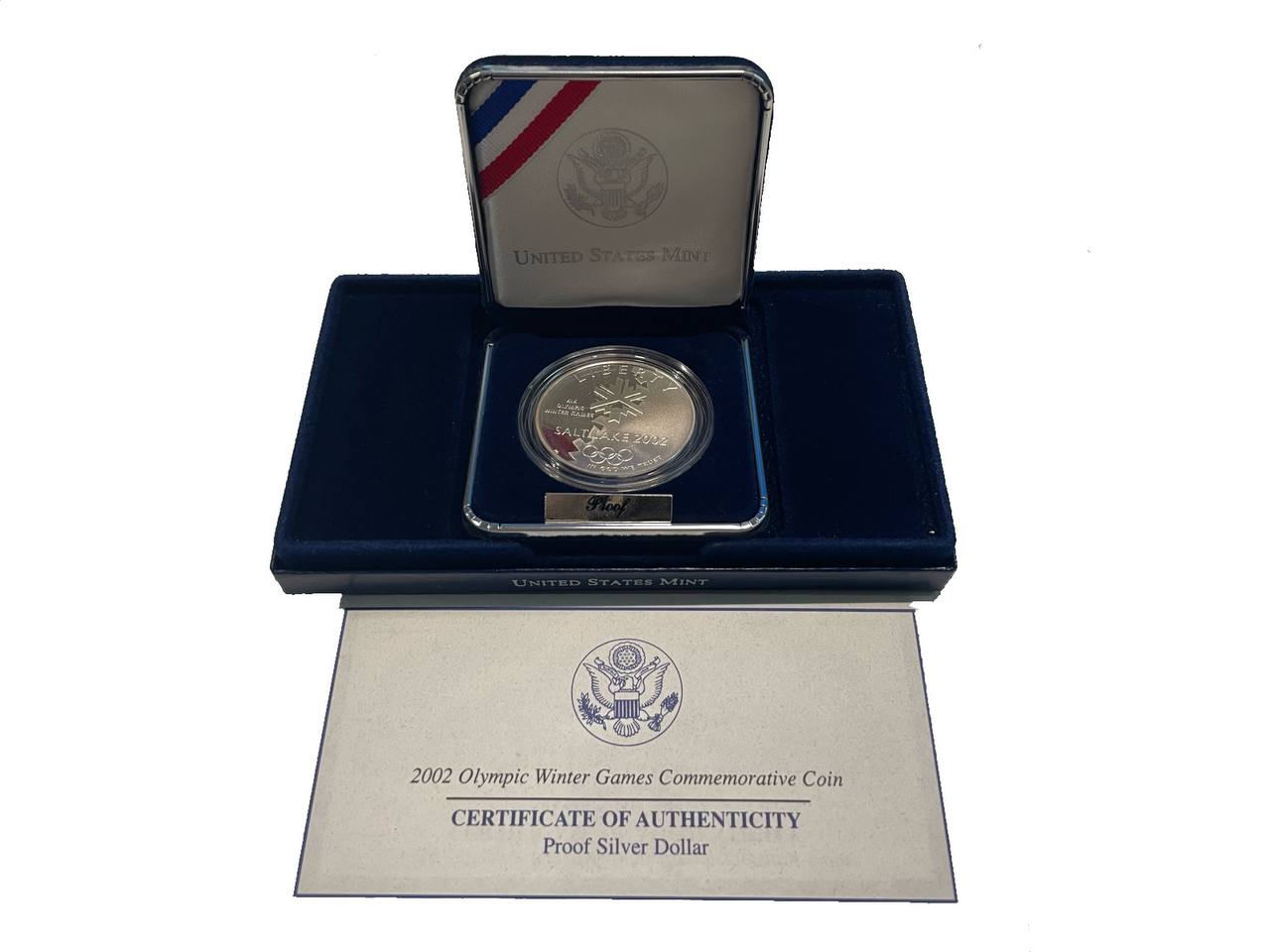 США 1 доллар 2002 P, XIX зимние Олимпийские Игры, Солт-Лейк-Сити 2002, в оригинальной коробке, сертификат KM 336 серебро  PROOF  3-6-5-19