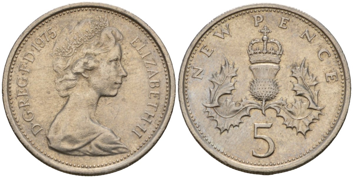 Великобритания 5 пенсов 1975 Елизавета II (1952-2022) KM 911, Spink 4233 (D1) медно-никель 4601-442