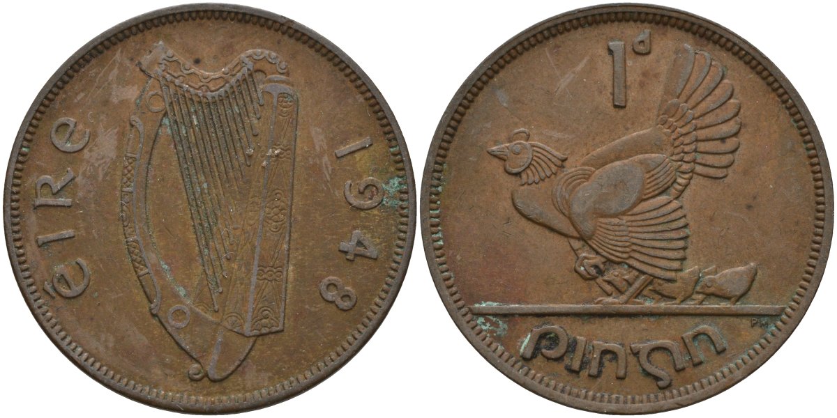 Ирландия 1 пенни 1948 курица с цыплятами KM 11 бронза 4144-1143