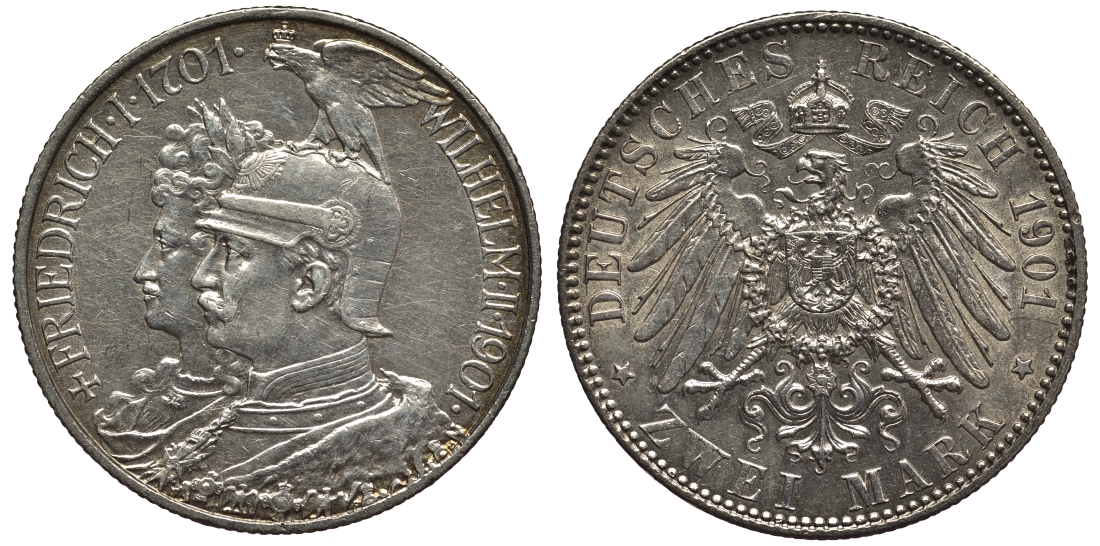 Пруссия 2 марки 1901 A, 200 лет Прусской королевской династии (Фридрих I - Вильгельм II) J.105, Weege 105, KM 525 серебро 02-014-43