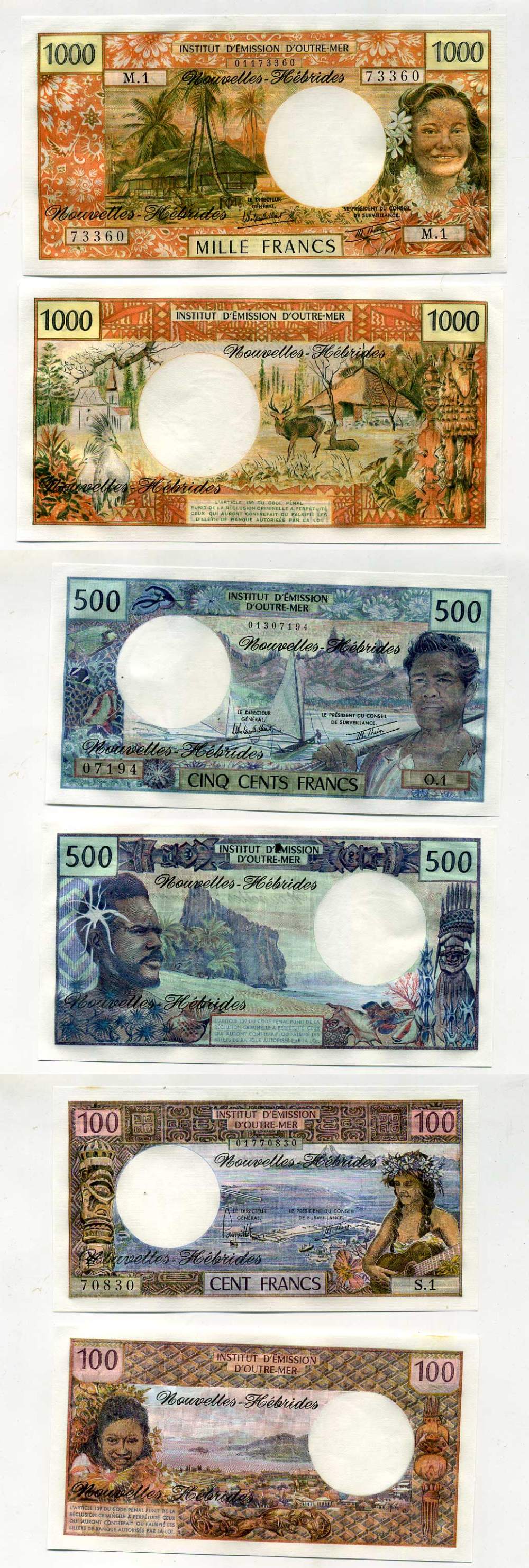 Новые Гебриды набор из 3 банкнот 1977-1980 100 франков, подпись 2, 500 франков, подпись 4 и 1000 франков, подпись 4 Pick 18d, 19с, 20c бумага UNC (пресс) 451-17-1