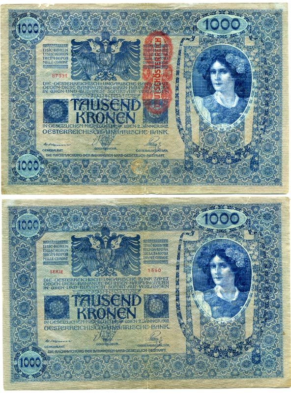 АВСТРИЯ 1000 КРОН 1919 КРАСНАЯ ВЕРТИКАЛЬНАЯ НАДПЕЧАТКА НА 1902 Pick 59 бумага 7146-58-1-2