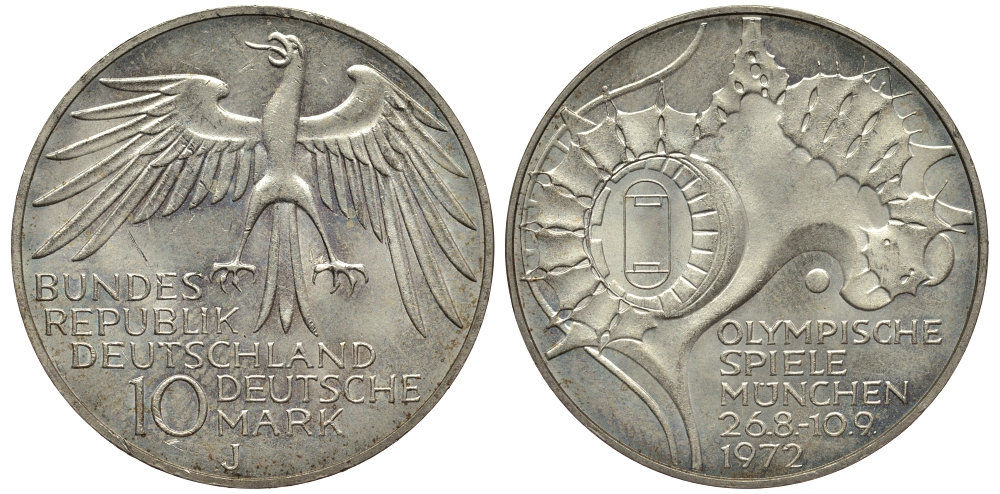 ФРГ 10 МАРОК 1972 J, ОЛИМПИАДА, СТАДИОН KM 133, J.404 серебро UNC 413-4844