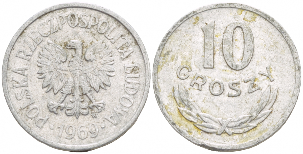 ПОЛЬША 10 ГРОШЕЙ 1969 MW KM АА47 алюминий 4549-263