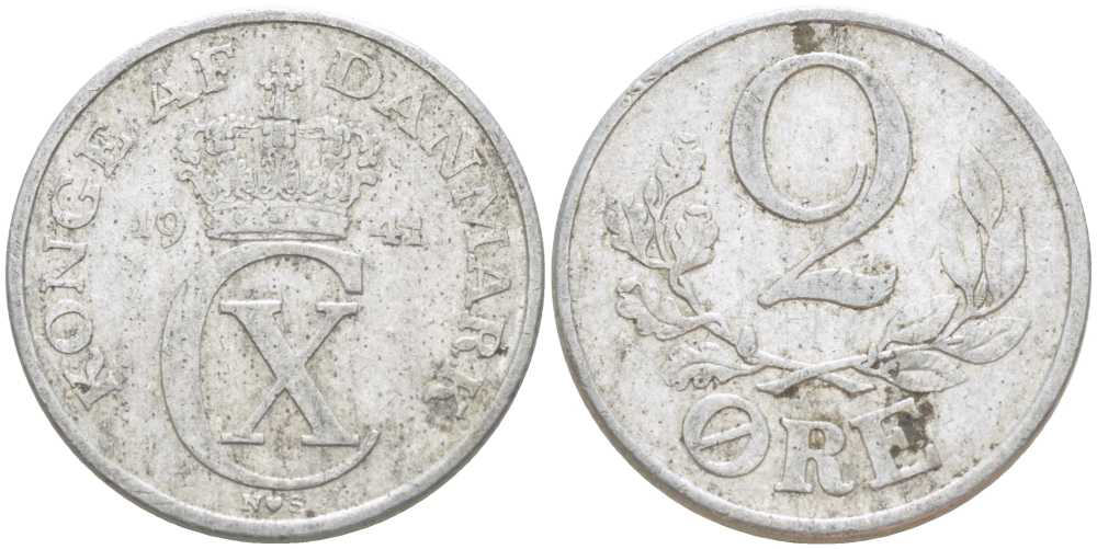 ДАНИЯ 2 ЭРЕ 1941 N; S, КРИСТИАН X (1912-1947) KM 833 алюминий 212-944