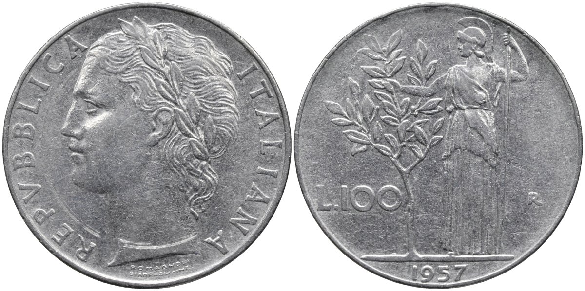 Италия 100 лир 1957 R, Афина в доспехах KM 96.1 нержавеющая сталь 4165-136