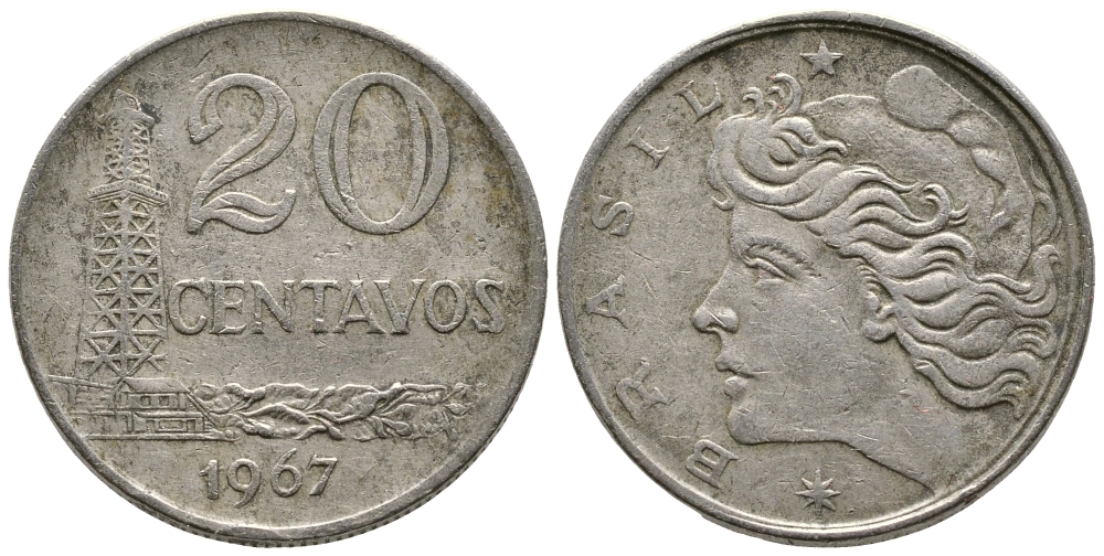 Бразилия 20 сентаво 1967 голова Свободы влево KM 579.1, Schon 84 медно-никель 93-1125